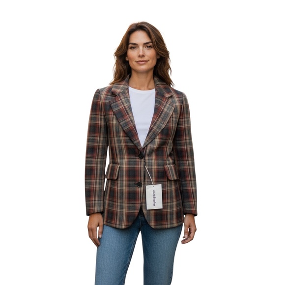 ACNE STUDIOS BROWN MULTI CHECK BONDED SUIT JACKET - Picture 7 of 7